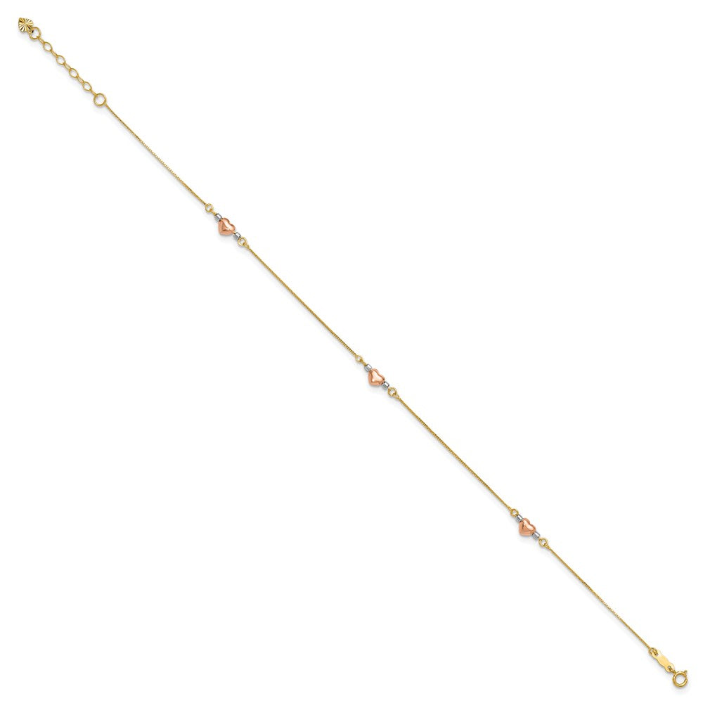 14k Tri-Color Puffed Hearts and Beads 9 inch Plus 1 inch Extender - Total 10 inch Anklet