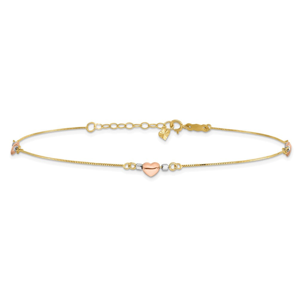 14k Tri-Color Puffed Hearts and Beads 9 inch Plus 1 inch Extender - Total 10 inch Anklet