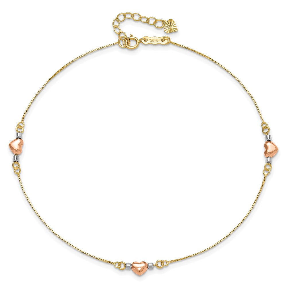 14k Tri-Color Puffed Hearts and Beads 9 inch Plus 1 inch Extender - Total 10 inch Anklet