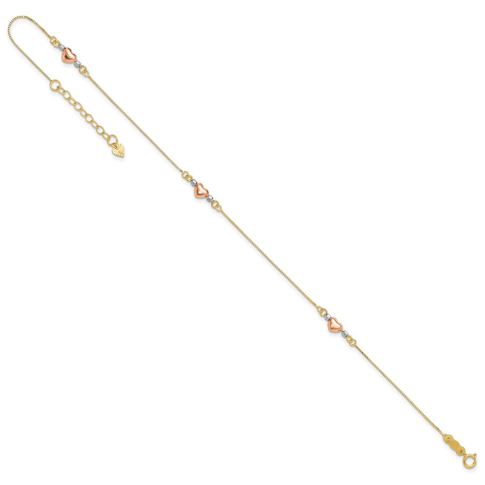 14k Tri-Color Puffed Hearts and Beads 9 inch Plus 1 inch Extender - Total 10 inch Anklet