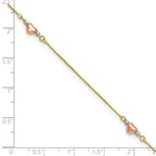 14k Tri-Color Puffed Hearts and Beads 9 inch Plus 1 inch Extender - Total 10 inch Anklet
