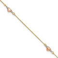 14k Tri-Color Puffed Hearts and Beads 9 inch Plus 1 inch Extender - Total 10 inch Anklet