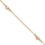 14k Tri-Color Puffed Hearts and Beads 9 inch Plus 1 inch Extender - Total 10 inch Anklet