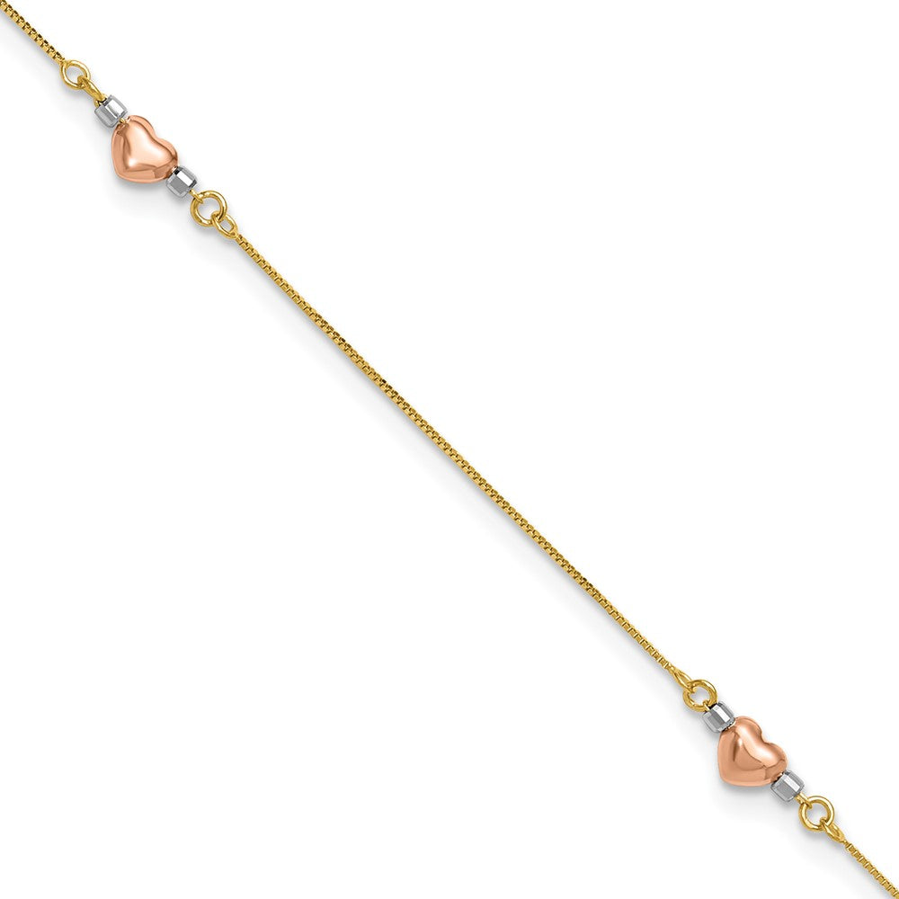 14k Tri-Color Puffed Hearts and Beads 9 inch Plus 1 inch Extender - Total 10 inch Anklet