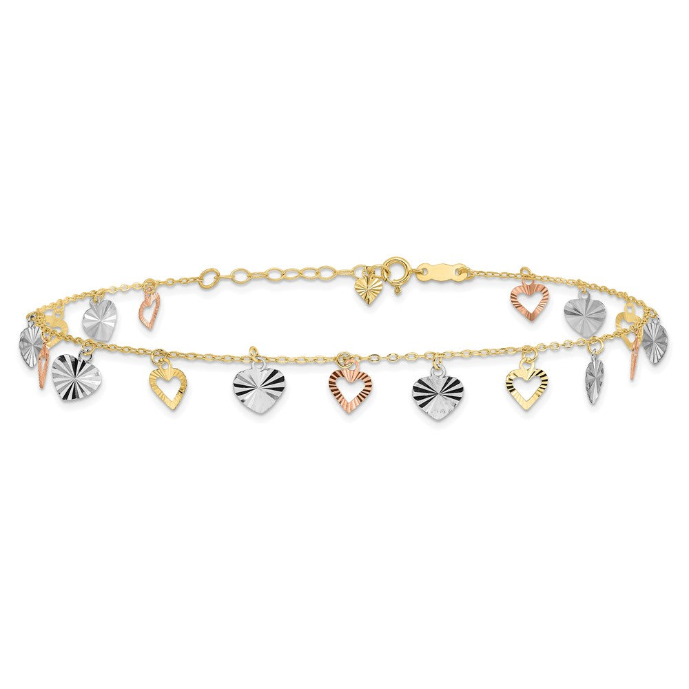 14K Tri-Color Dangle Hearts 9 inch Plus 1 inch Extender - Total 10 inch Anklet