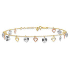 14K Tri-Color Dangle Hearts 9 inch Plus 1 inch Extender - Total 10 inch Anklet