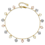 14K Tri-Color Dangle Hearts 9 inch Plus 1 inch Extender - Total 10 inch Anklet