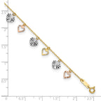 14K Tri-Color Dangle Hearts 9 inch Plus 1 inch Extender - Total 10 inch Anklet