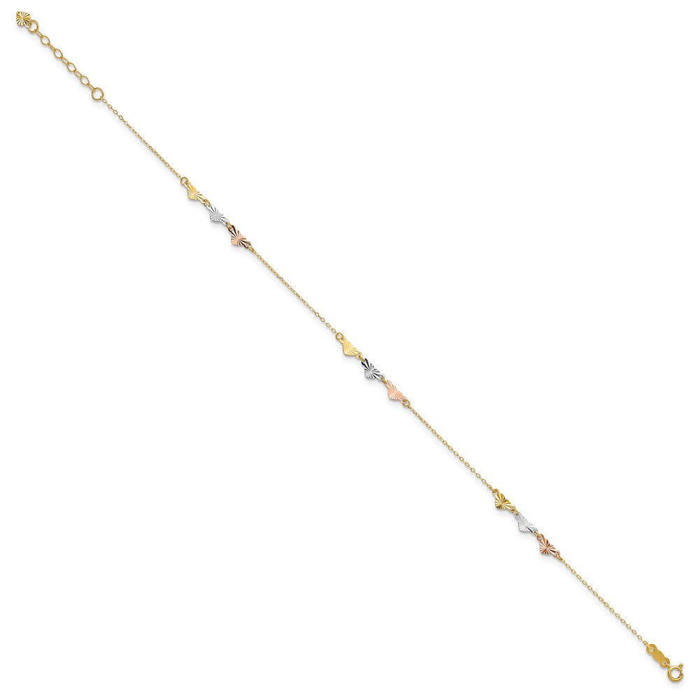 14K Tri-Color Diamond-cut Hearts 9 inch Plus 1 inch Extender - Total 10 inch Anklet