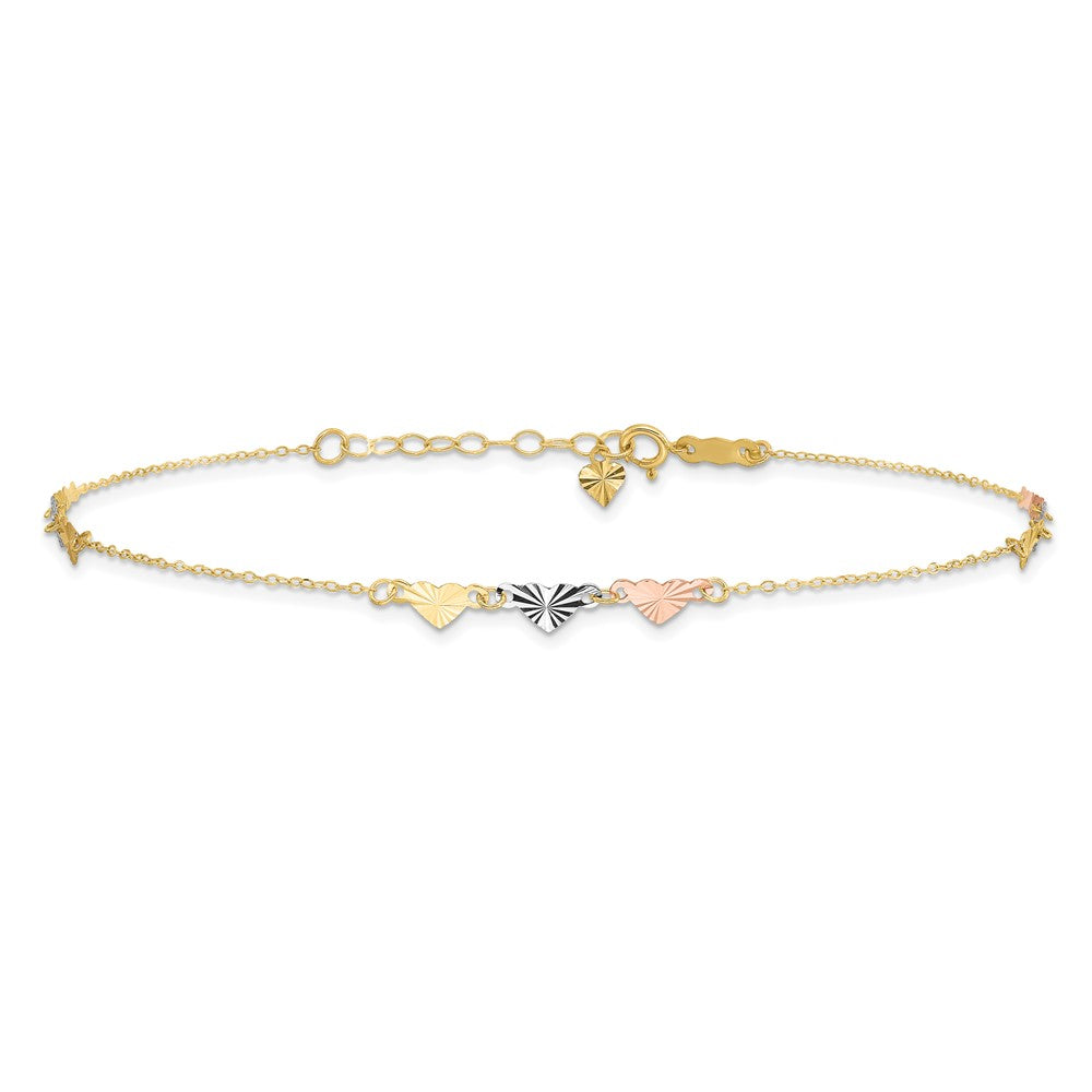14K Tri-Color Diamond-cut Hearts 9 inch Plus 1 inch Extender - Total 10 inch Anklet
