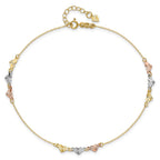 14K Tri-Color Diamond-cut Hearts 9 inch Plus 1 inch Extender - Total 10 inch Anklet