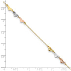14K Tri-Color Diamond-cut Hearts 9 inch Plus 1 inch Extender - Total 10 inch Anklet