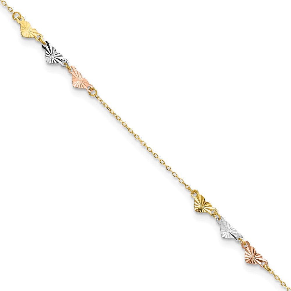 14K Tri-Color Diamond-cut Hearts 9 inch Plus 1 inch Extender - Total 10 inch Anklet