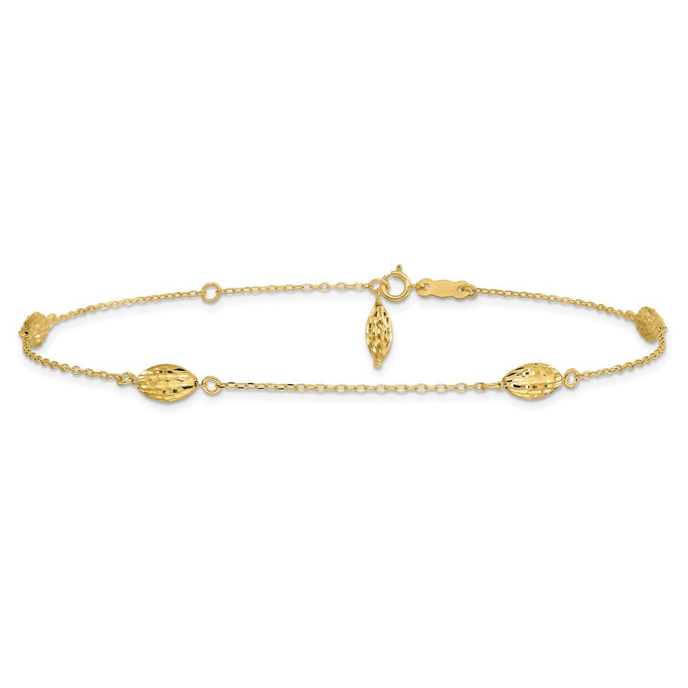 14k Diamond-cut Rice Puff Beads 4-Station 9 inch Plus 1 inch Extender - Total 10 inch Anklet