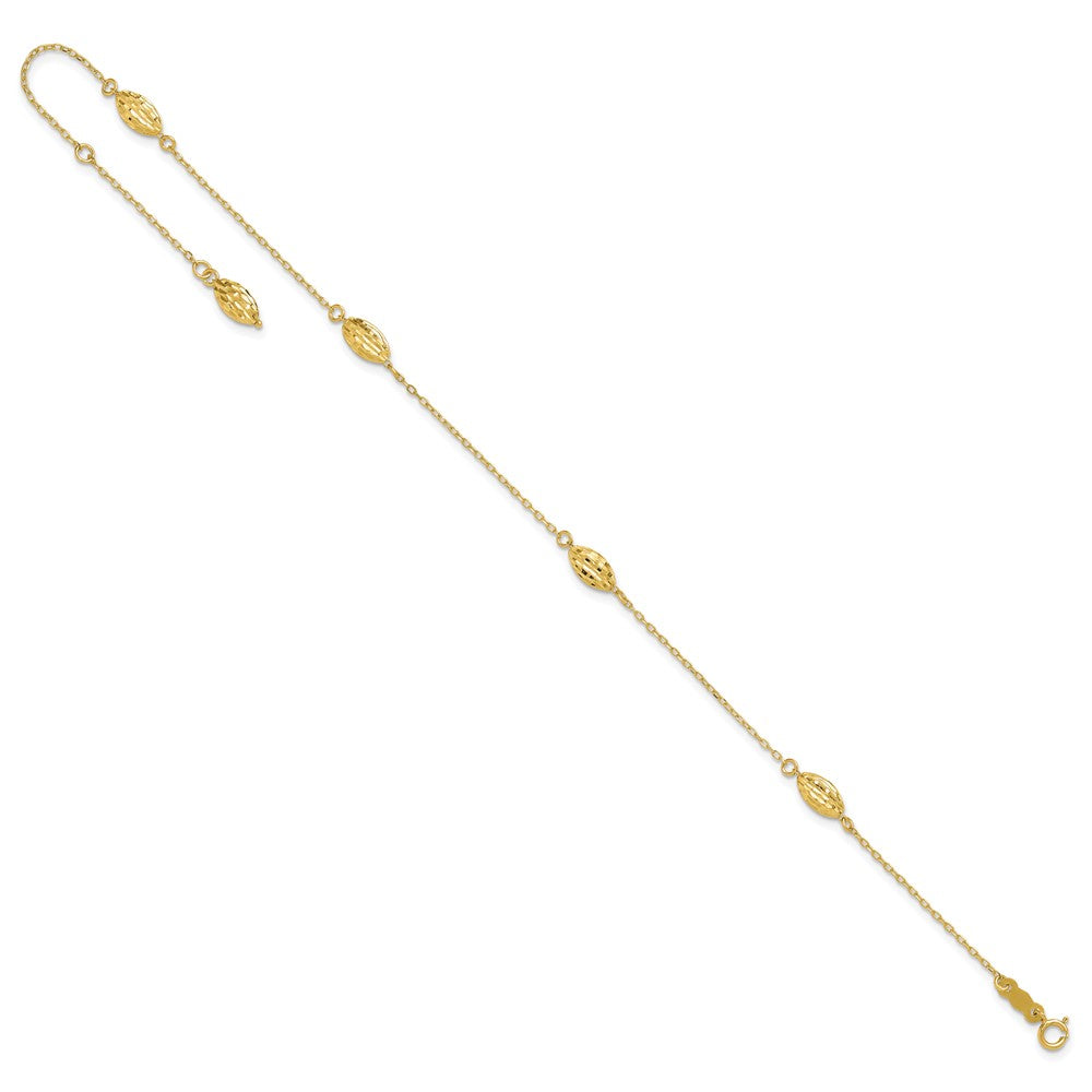 14k Diamond-cut Rice Puff Beads 4-Station 9 inch Plus 1 inch Extender - Total 10 inch Anklet