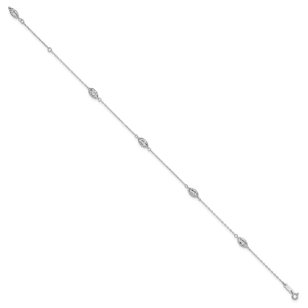 14k White Gold Diamond-cut Rice Puff Beads 4-Station 9 inch Plus 1 inch Extender - Total 10 inch Anklet