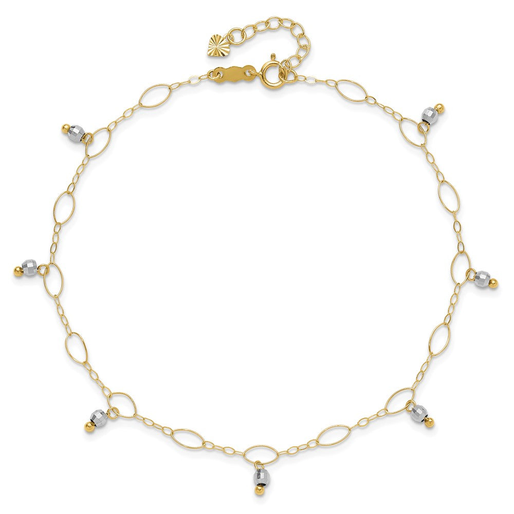 14K Two-Tone Mirror Bead Dangles 9 inch Plus 1 inch Extender - Total 10 inch Anklet