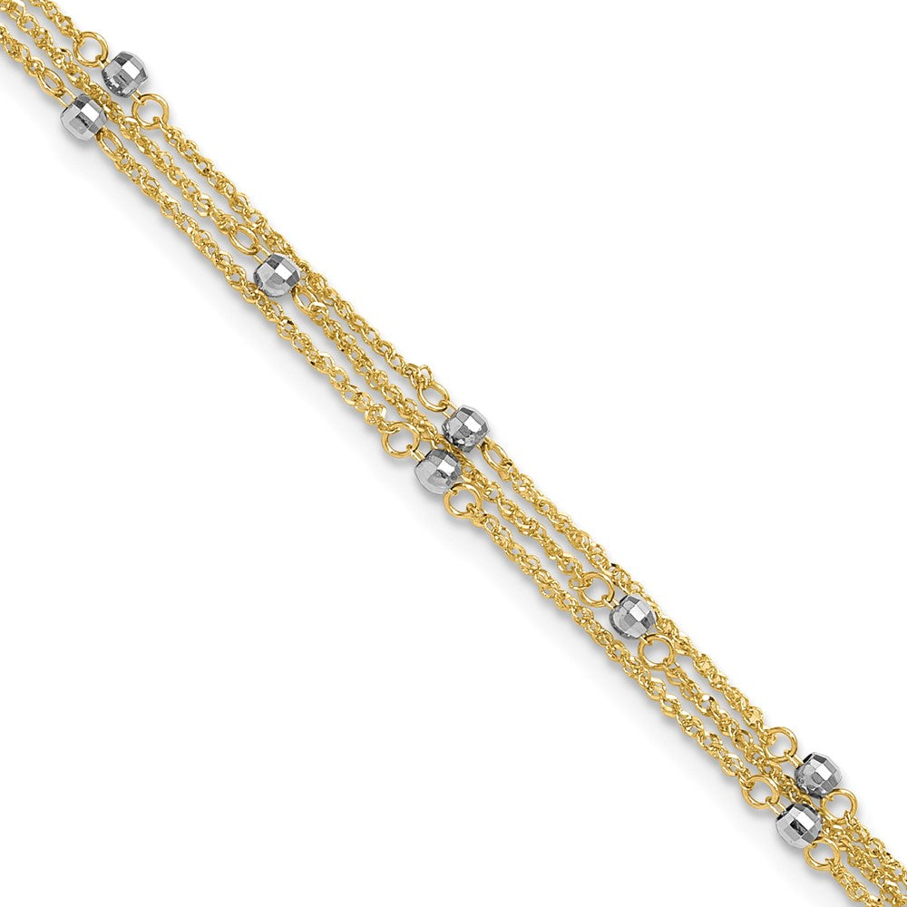 14k Two-tone 3-Strand Chain with Mirror Beads 9 inch Plus 1 inch Extender - Total 10 inch Anklet