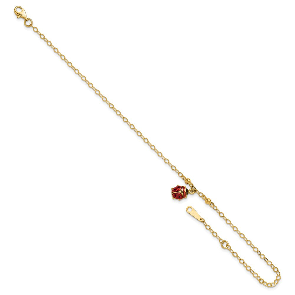 14K Red and Black Enameled Ladybug 9 inch Plus 1 inch Extender - Total 10 inch Anklet