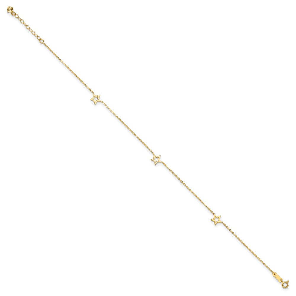 14K Open Star 3-Station 9 inch Plus 1 inch Extender - Total 10 inch Anklet