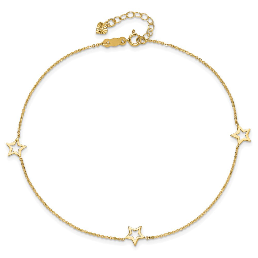 14K Open Star 3-Station 9 inch Plus 1 inch Extender - Total 10 inch Anklet