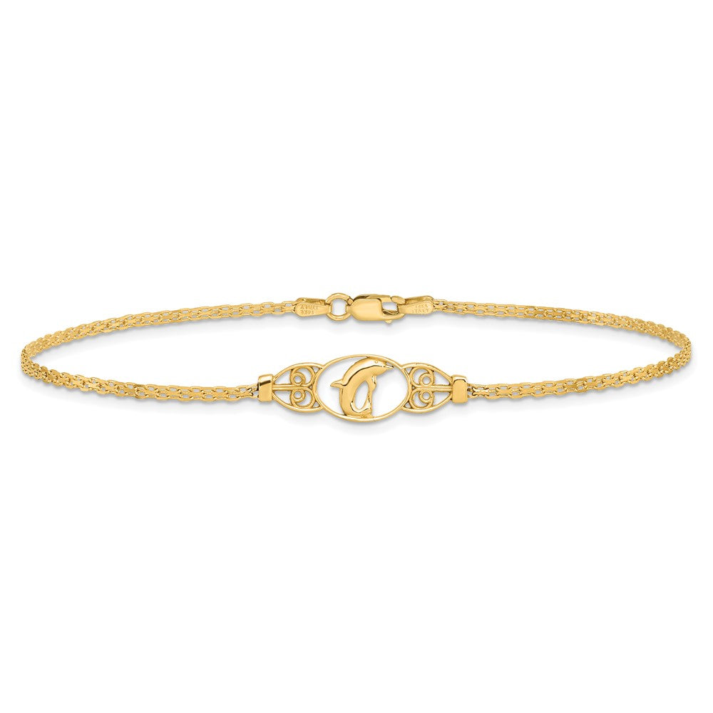 14k Polished Dolphin and Filigree Bismark Chain Anklet