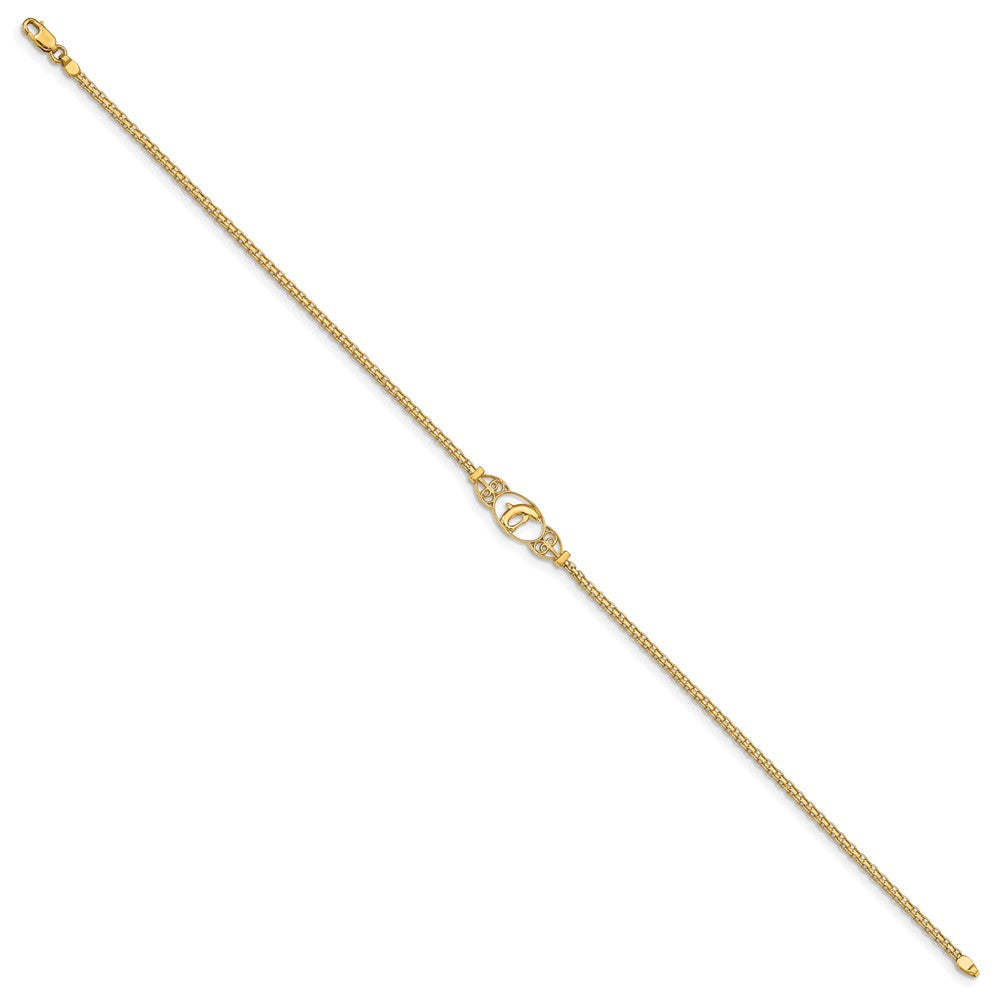 14k Polished Dolphin and Filigree Bismark Chain 9 inch Anklet