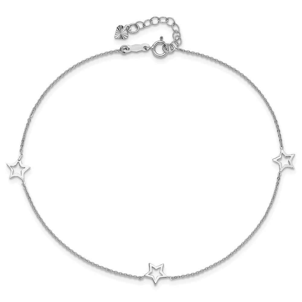 14K White Gold Open Star 3-Station 9 inch Plus 1 inch Extender - Total 10 inch Anklet