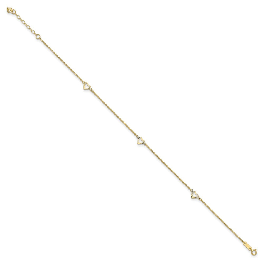 14k Diamond-cut Hearts 3-Station 9 inch Plus 1 inch Extender - Total 10 inch Anklet