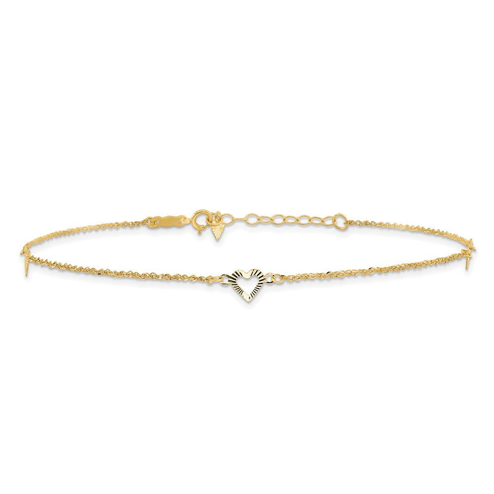 14k Diamond-cut Hearts 3-Station 9 inch Plus 1 inch Extender - Total 10 inch Anklet