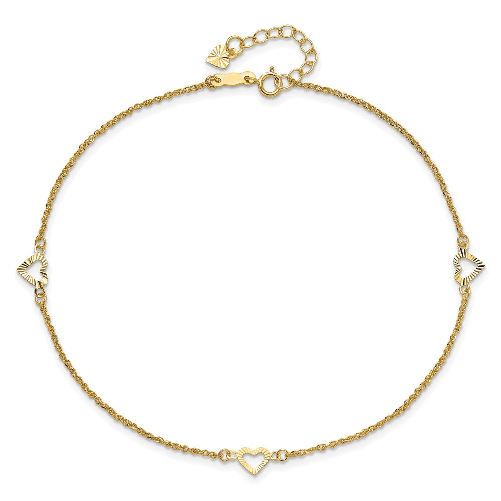 14k Diamond-cut Hearts 3-Station 9 inch Plus 1 inch Extender - Total 10 inch Anklet