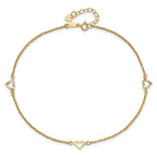 14k Diamond-cut Hearts 3-Station 9 inch Plus 1 inch Extender - Total 10 inch Anklet