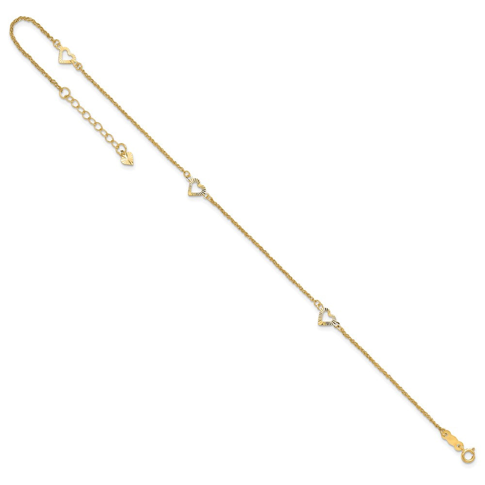 14k Diamond-cut Hearts 3-Station 9 inch Plus 1 inch Extender - Total 10 inch Anklet