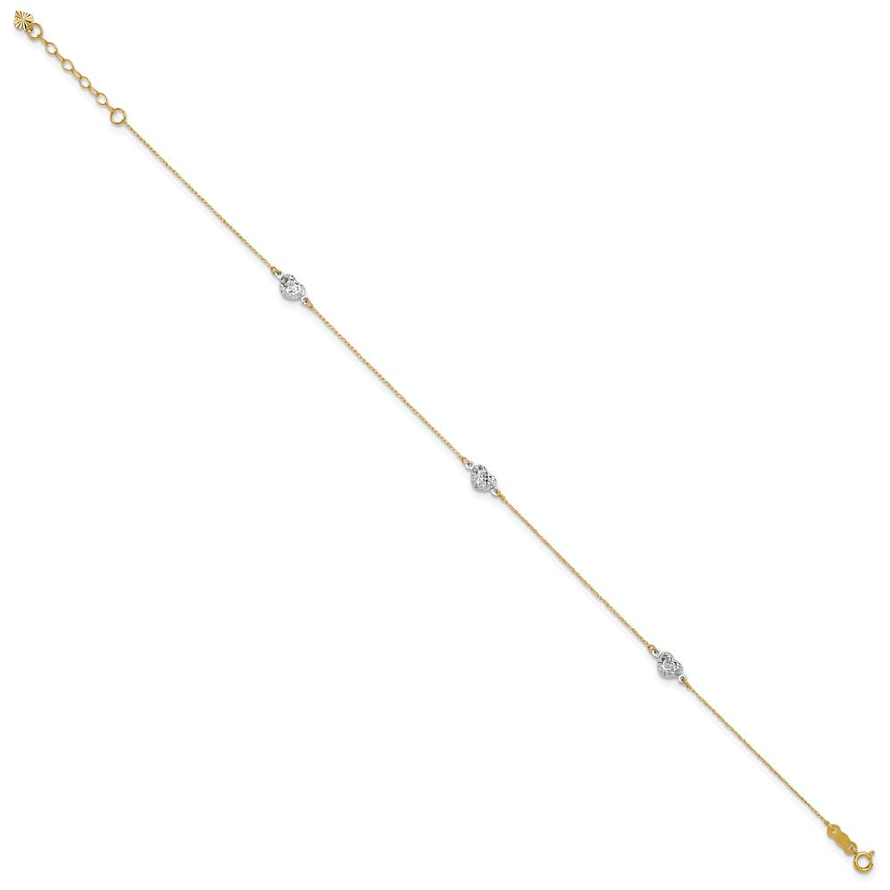14k Two-tone Diamond-cut Triple Puffed Hearts 9 inch Plus 1 inch Extender - Total 10 inch Anklet