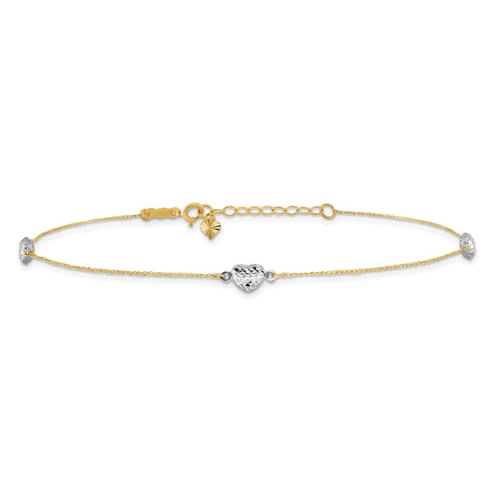 14k Two-tone Diamond-cut Triple Puffed Hearts 9 inch Plus 1 inch Extender - Total 10 inch Anklet