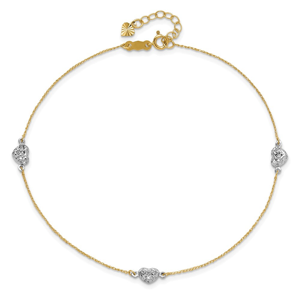 14k Two-tone Diamond-cut Triple Puffed Hearts 9 inch Plus 1 inch Extender - Total 10 inch Anklet