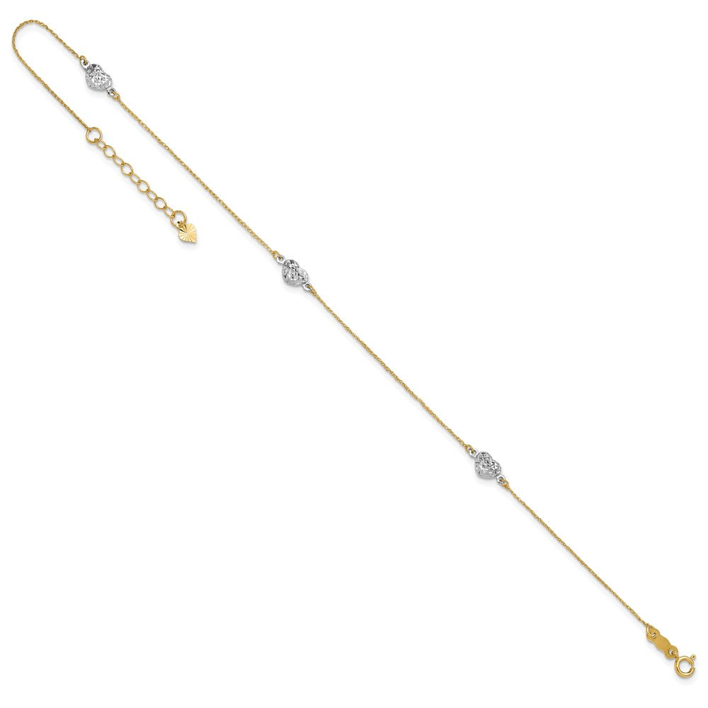 14k Two-tone Diamond-cut Triple Puffed Hearts 9 inch Plus 1 inch Extender - Total 10 inch Anklet