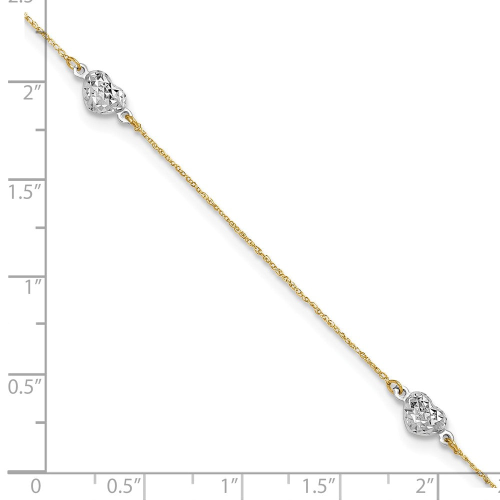 14k Two-tone Diamond-cut Triple Puffed Hearts 9 inch Plus 1 inch Extender - Total 10 inch Anklet