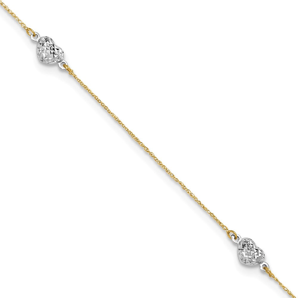 14k Two-tone Diamond-cut Triple Puffed Hearts 9 inch Plus 1 inch Extender - Total 10 inch Anklet