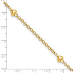 14k Polished Puffed Heart 3-Station 10 inch Anklet