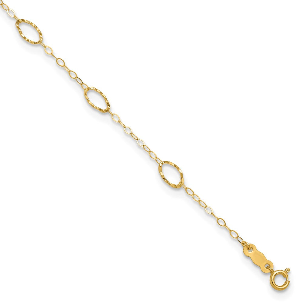 14k Textured Oval Shapes 9 inch Plus 1 inch Extender - Total 10 inch Anklet