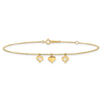 14k Three Heart Dangles 9 inch Plus 1 inch Extender - Total 10 inch Anklet