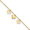 14k Three Heart Dangles 9 inch Plus 1 inch Extender - Total 10 inch Anklet