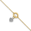 14K Two-tone Circle with Diamond-cut Puffed Heart Dangle 9 inch Plus 1 inch Extender - Total 10 inch Anklet