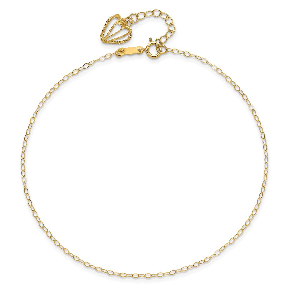 14K Cable Chain with Diamond-cut Heart Cage Dangle 9 inch Plus 1 inch Extender - Total 10 inch Anklet