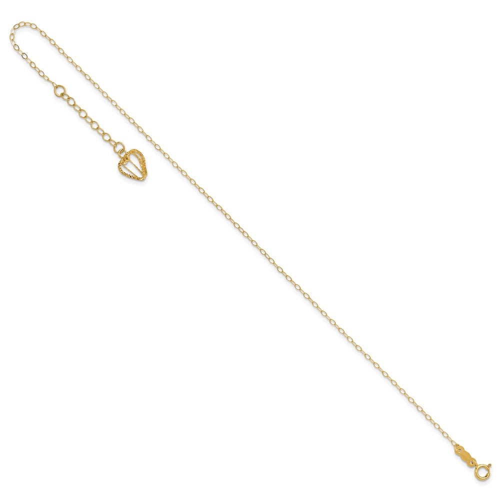 14K Cable Chain with Diamond-cut Heart Cage Dangle 9 inch Plus 1 inch Extender - Total 10 inch Anklet