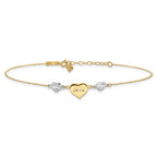 14K Two-tone Diamond-cut and LOVE Puffed Heart 9 inch Plus 1 inch Extender - Total 10 inch Anklet