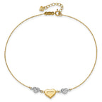 14K Two-tone Diamond-cut and LOVE Puffed Heart 9 inch Plus 1 inch Extender - Total 10 inch Anklet