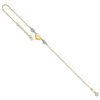 14K Two-tone Diamond-cut and LOVE Puffed Heart 9 inch Plus 1 inch Extender - Total 10 inch Anklet