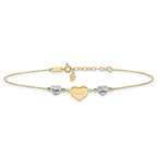 14K Two-tone Diamond-cut and MOM Puffed Heart 9 inch Plus 1 inch Extender - Total 10 inch Anklet